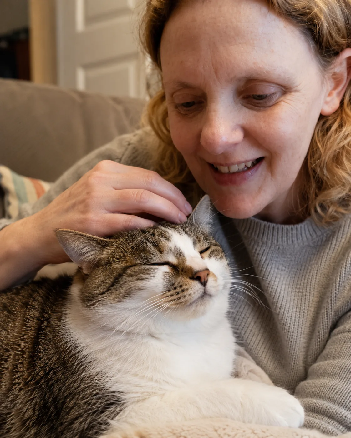 Libby gently caring for a relaxed cat